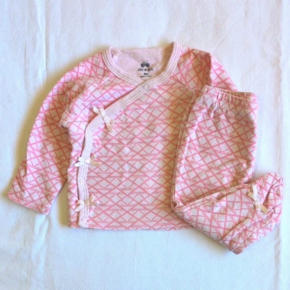 asher & olivia pink kimono style top & footed pants layette matching set 6 month